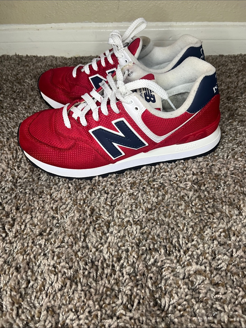 New Balance 574 Women’s Red and Navy Athletic Sneakers - Picture 4 of 7